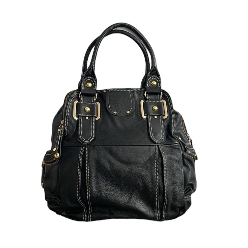 HYPE black leather 3 large pocket shoulder bag with gold hardware